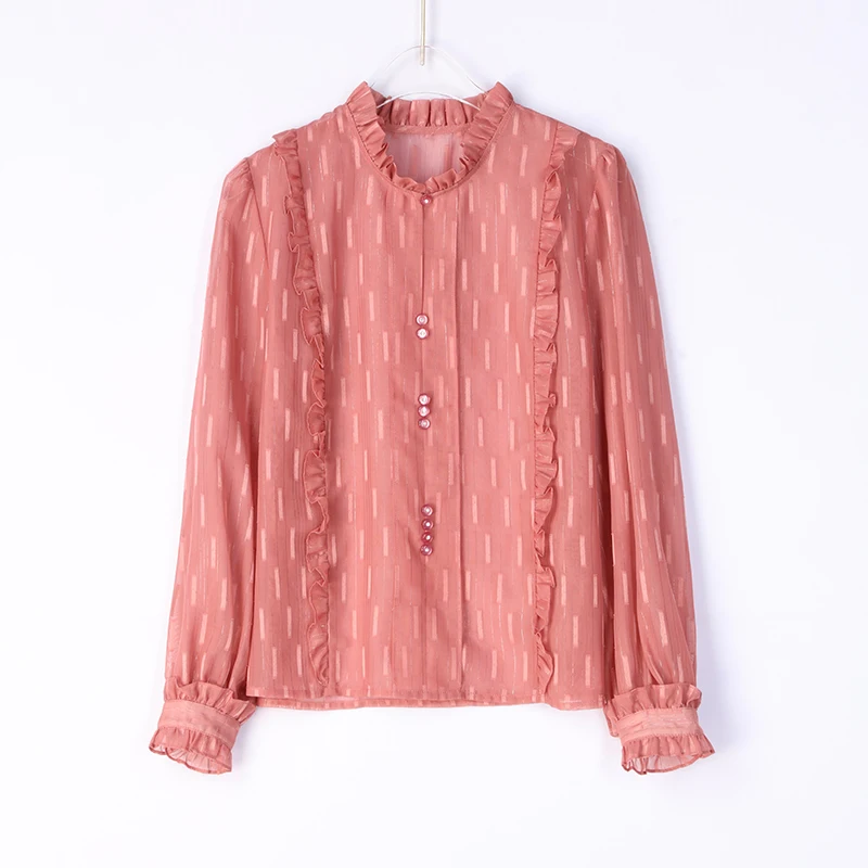 

NIJIUDING Elegant Stand Neck Ruffles Women Chiffon Blouse 2020 Spring Long Sleeve Jacquard Solid Lady Shirts Tops Casual Botton
