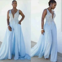 sexy south african jumpsuit evening dresses for women 2022 light blue straps appliques long train v neck formal party gown pant