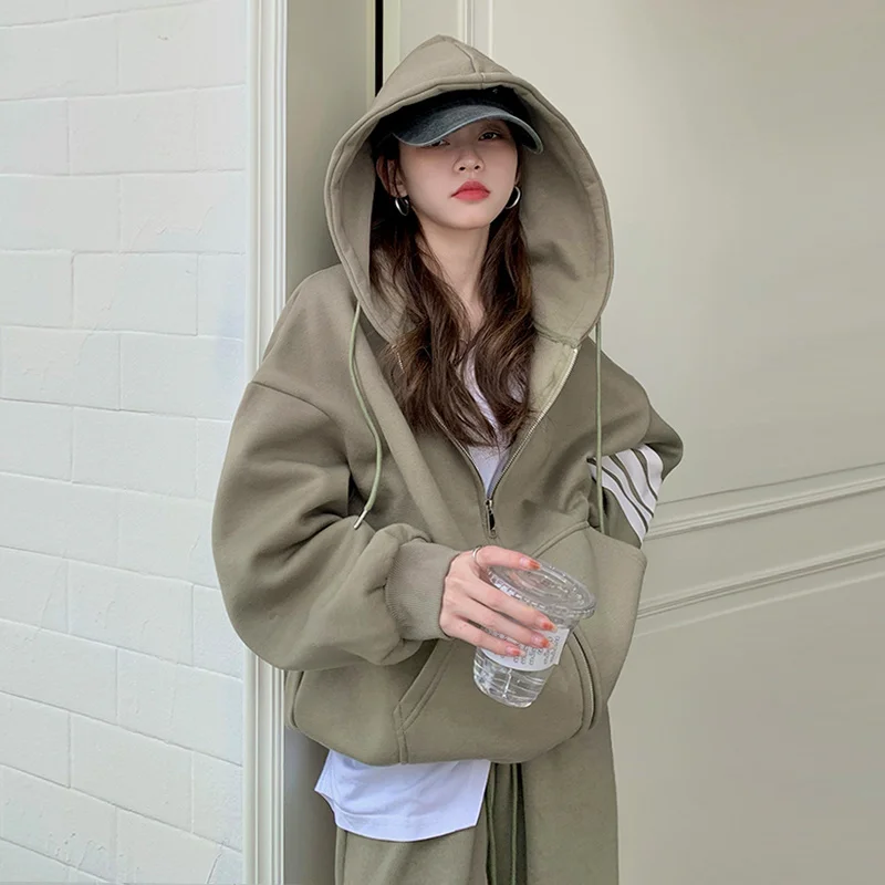 

American Plush Hooded Sweater Coat Women's Autumn and Winter 2021 New Loose Bf Lazy Casual Top