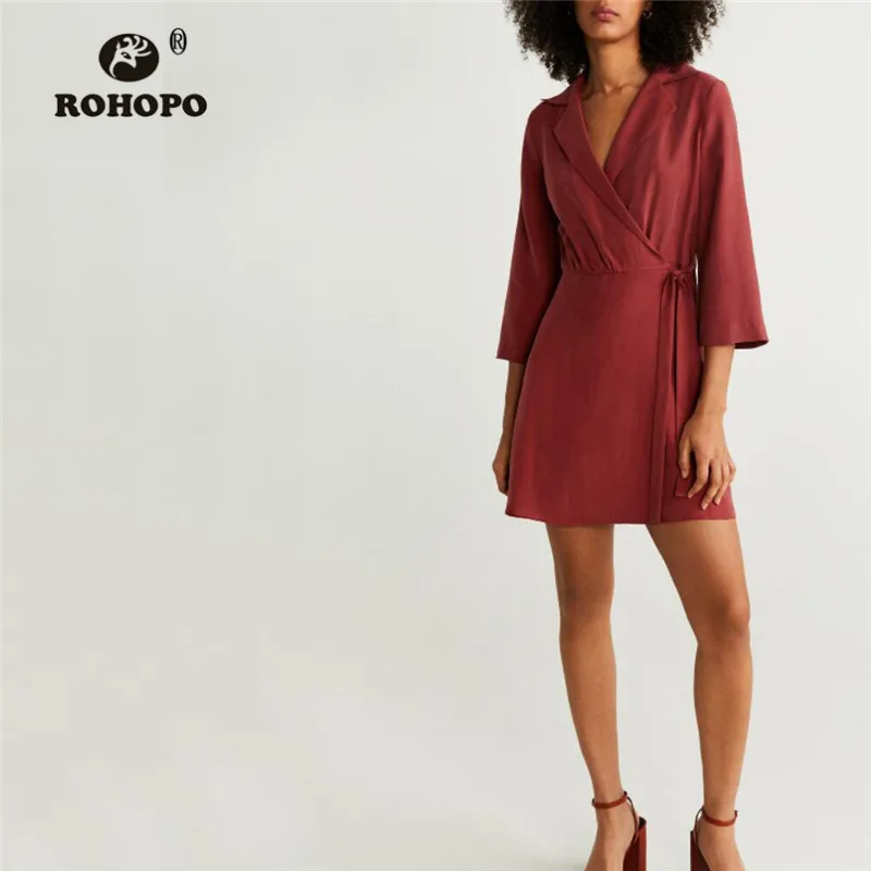 ROHOPO Brick Red Sleep мини платье с воротником лацканами v образным вырезом и завязкой на