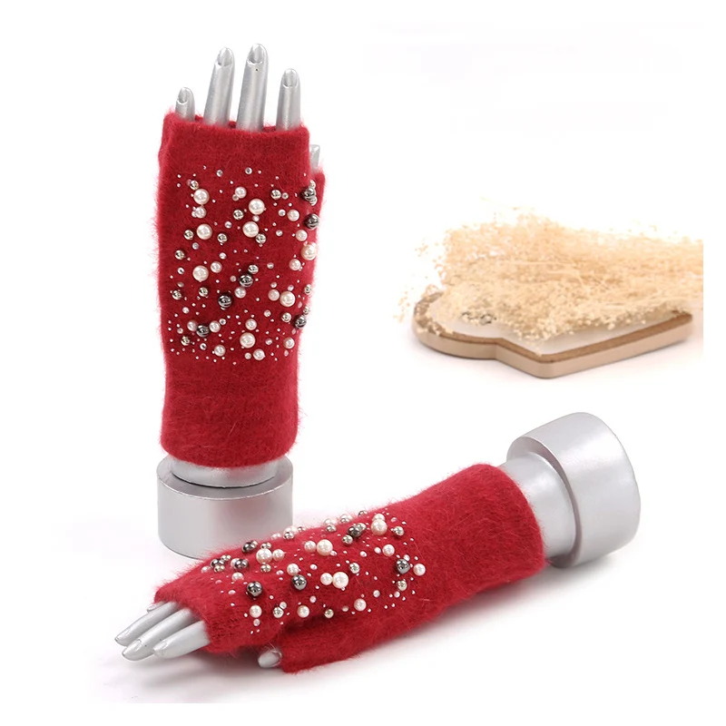 

Зимние меховые варежки, плюшевые перчатки, перчатки с жемчугом, женские полуперчатки с коротким пальцем, дамские полуперчатки, женские перчатки с принтом для снега