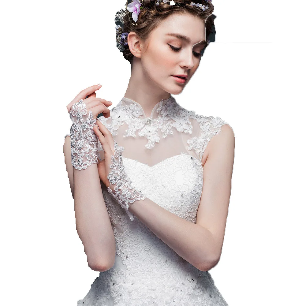 Свадебные перчатки без пальцев белые кружевные свадебные на запястье Короткие |