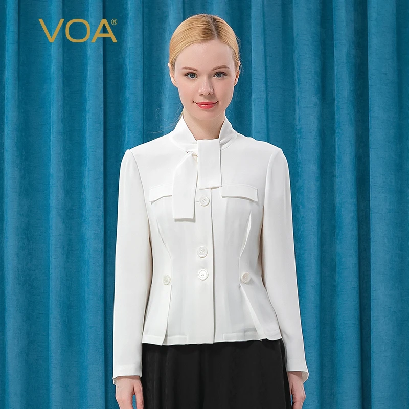 

VOA Silk Spring Jacket 2021 30m/m White Heavy Weight Scarf Collar Fake Pocket Single Breasted Long Sleeve Short Coat WE75
