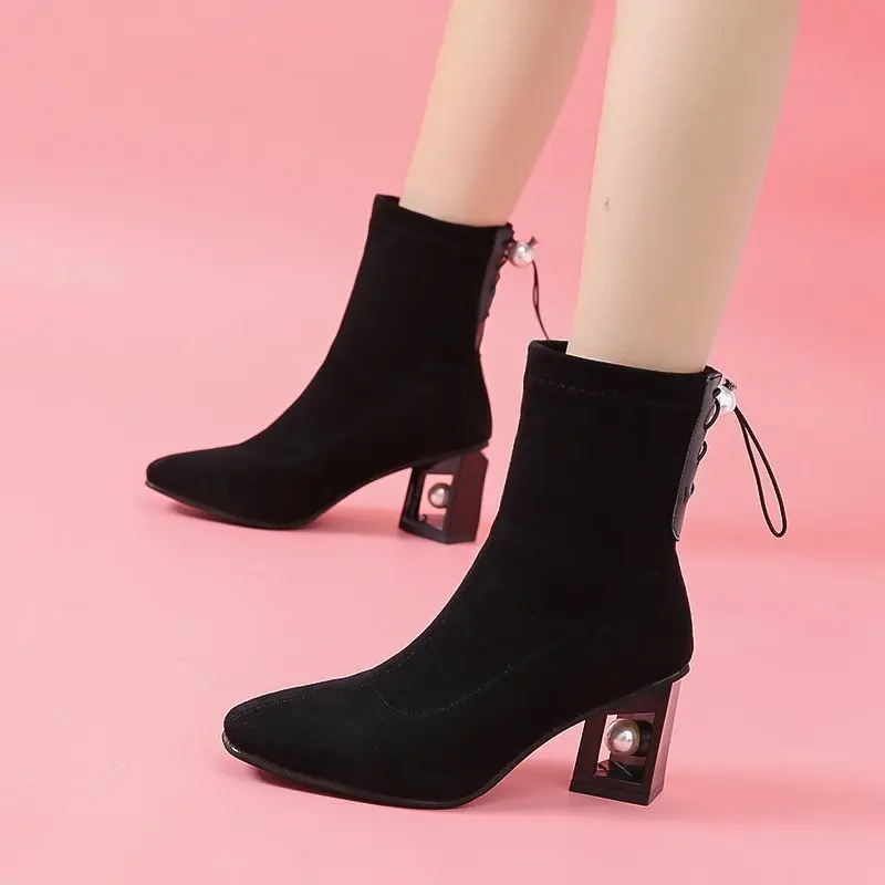 

Women Boots British Style Suede Velvet Stretch Boots Casual Fashion High Heels Top Quality Boots Women Ankle Boots Shoes Woman