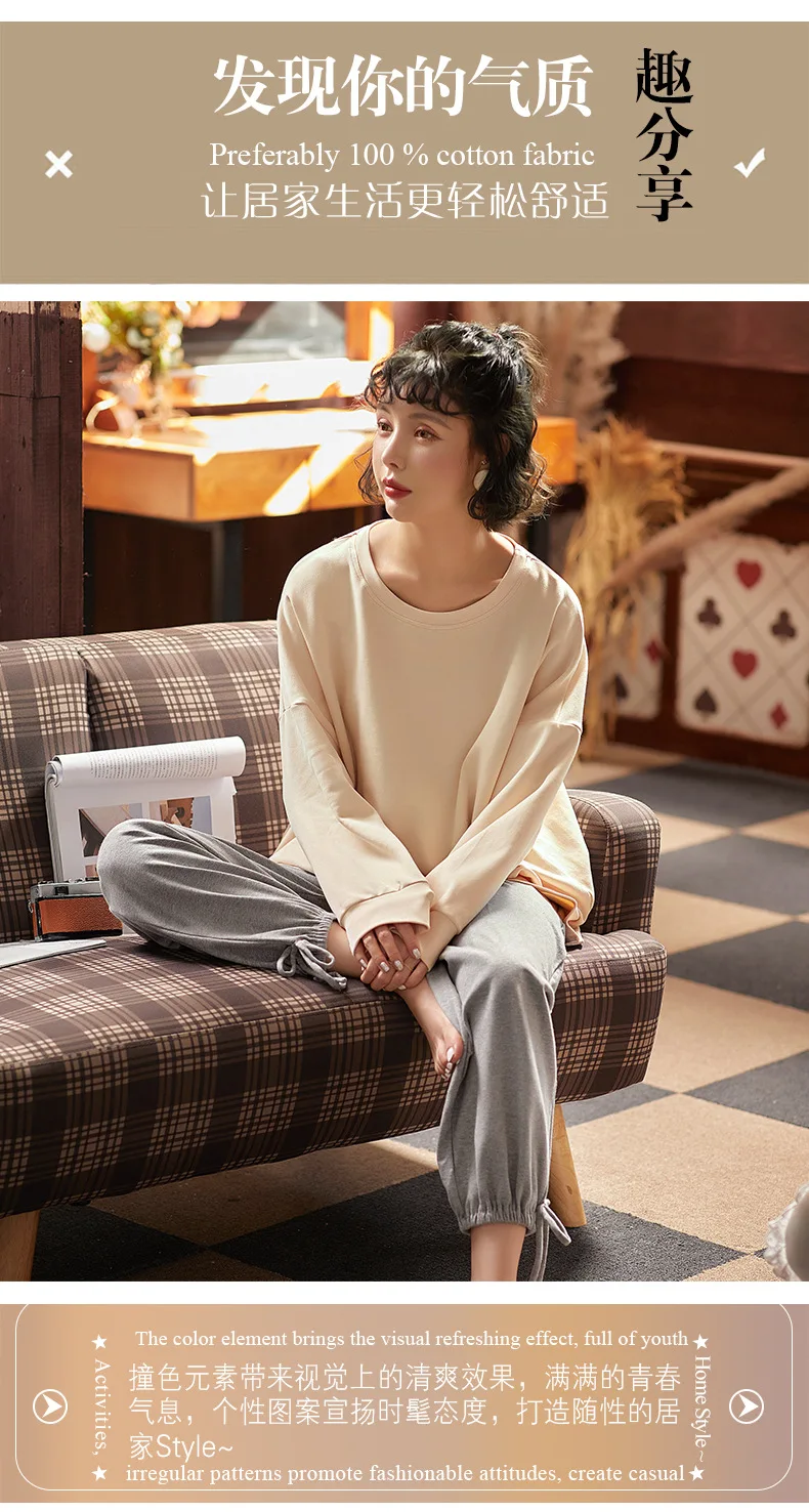 

Set T shirt Tracksuit Tops Female Pyjamas Casual Night Suit Sleepwear Spring and Autumn Women Pyjamas Cotton Long Sleeve Pajamas