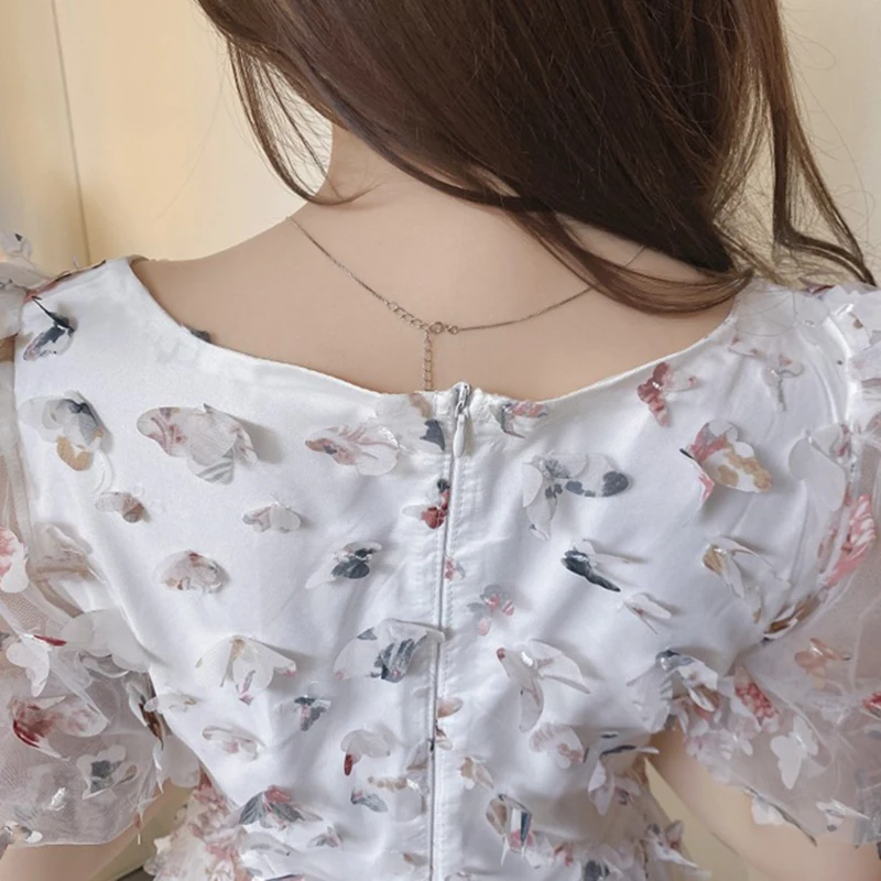

VGH Elegant Patchwork Lace Evening Dress For Women V Neck Puff Short Sleeve High Waist Midi Dresses Females Summer Fashion Style