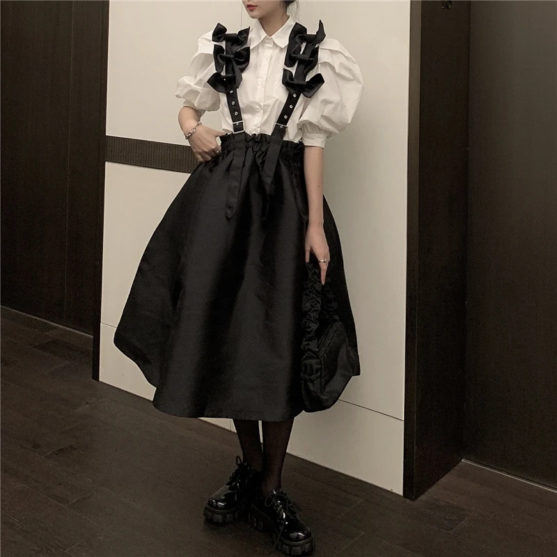 

Retro palace style puff sleeve shirt + bow strap skirt high waist puffy cake skirt two-piece suit female trend