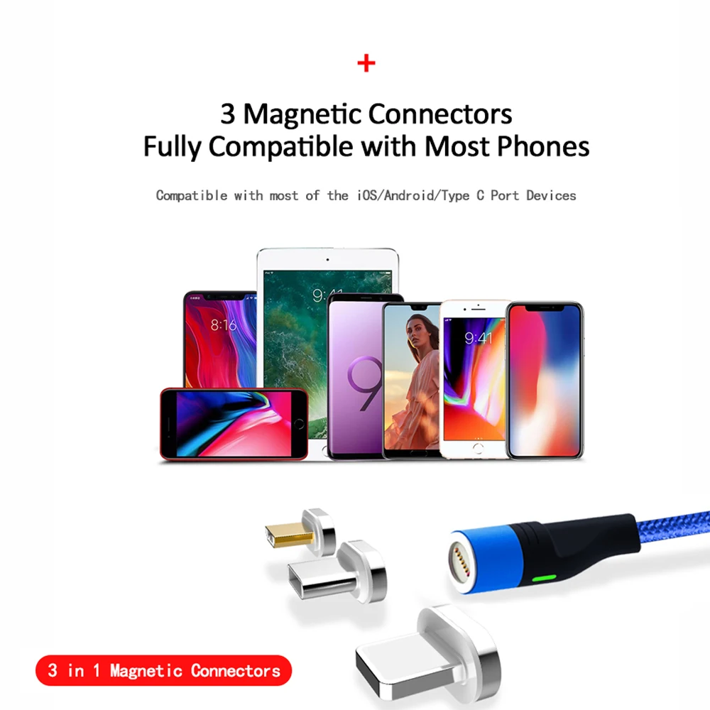 Магнитный usb кабель VOXLINK 3 0 LED для iPhone xXs 6 USB TypeC и Micro в нейлоновой оплетке Samsung Xiaomi