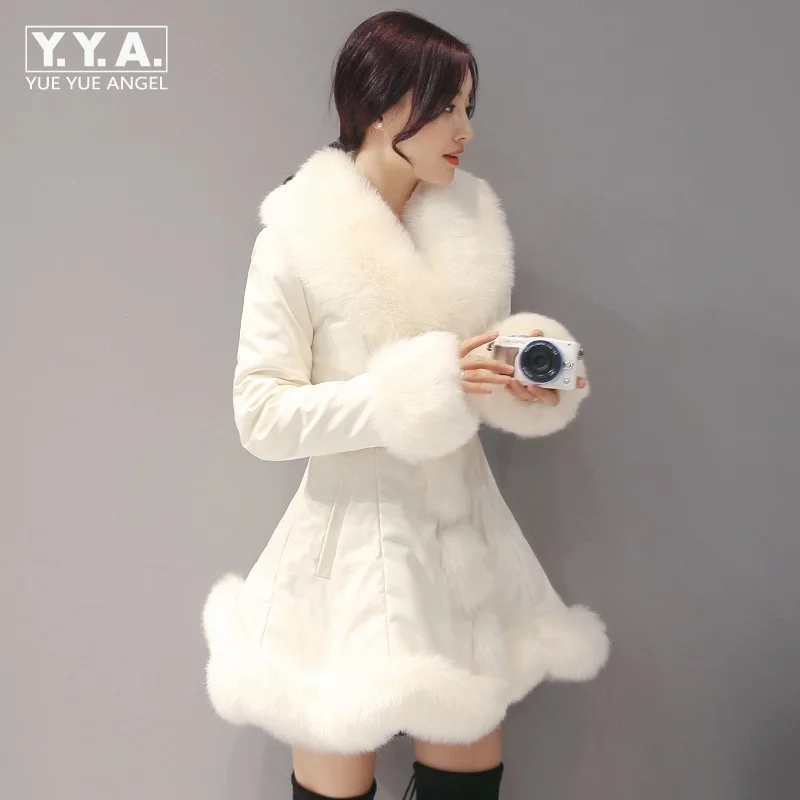 

Fashion New Womens Big Faux Fur Coats Fur Collar Leather Mid Long Parkas Winter Female Warm Fur Outwear Beige Coats Clothes