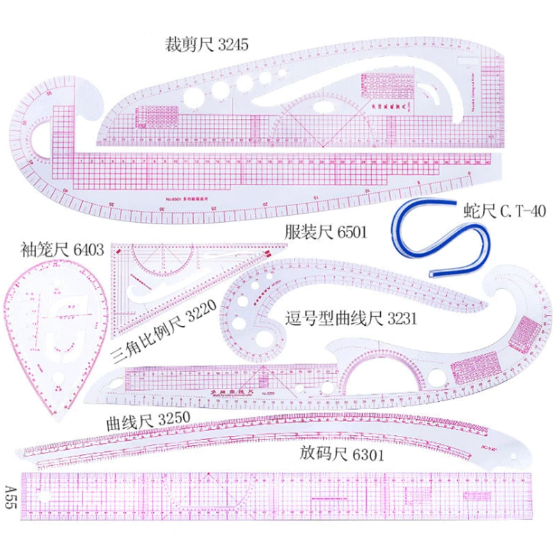 

9pcs/set Patchwork Ruler Sewing French Curve Ruler Measure Tools Dressmaking Cutting Tailor Drawing Template Craft Supplies