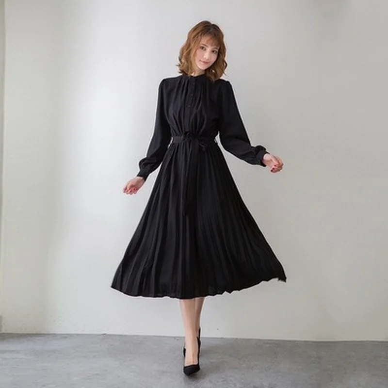 

ZAWAHIKI 2021 Spring Korean Elegant Women Dress Stand Neck Drawstring Slim Waist Pleated Mid-Calf Vestidos Solid Dresses
