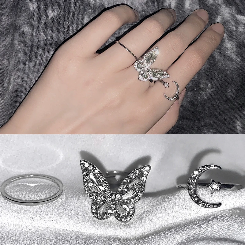

fashion opening cuff inlaid zircon crystal moon butterfly ring sets for Women luxury shiny cocktail ring wedding party gift