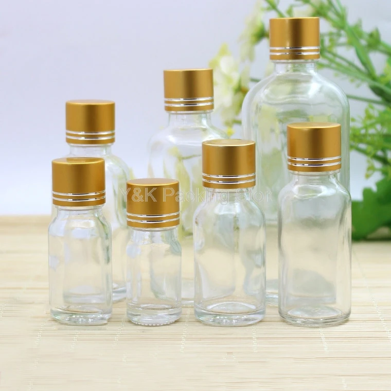 

5ml,10ml,15ml,30ml,50ml,100ml Empty Glass Bottles Clear Essential Oil Bottle Vials Matte Gold Aluminum Cap with Tangent Line