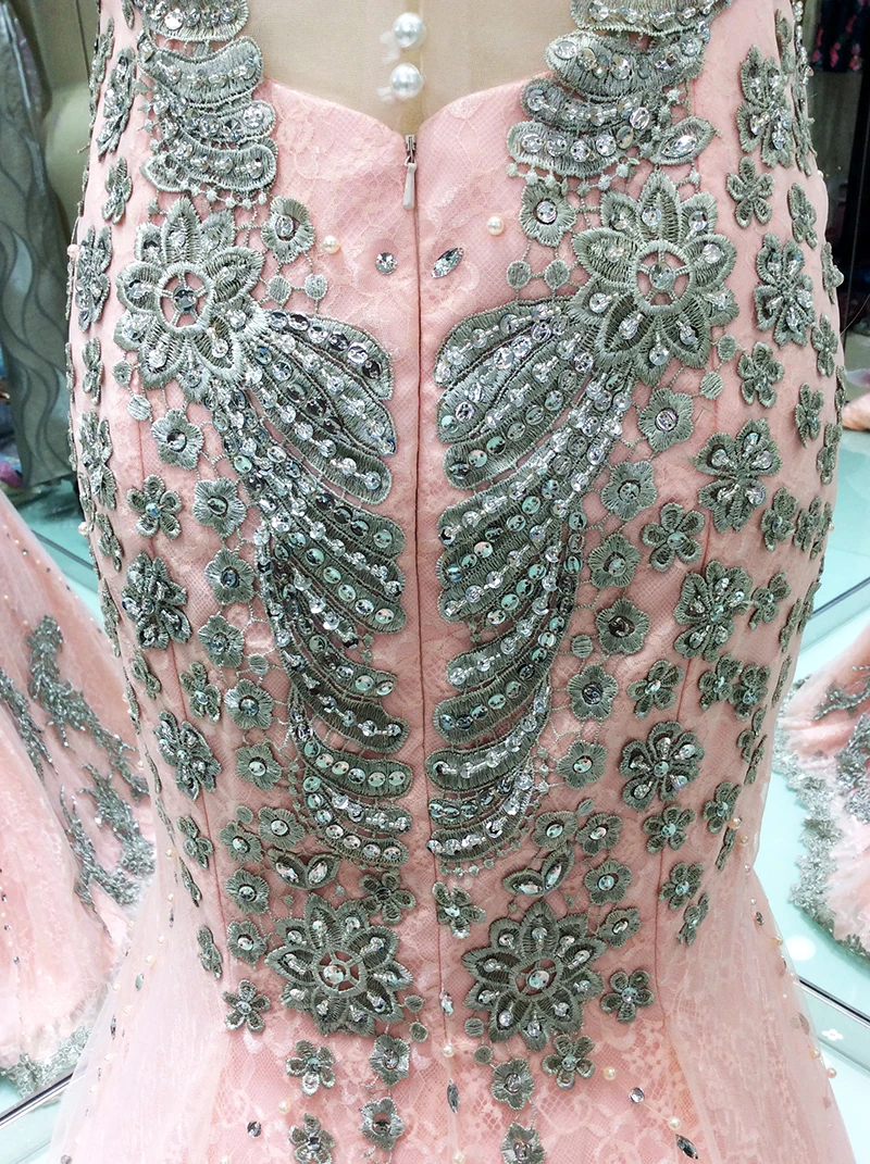 Роскошное розовое длинное вечернее платье с юбкой-годе 2020 кружевные бусины