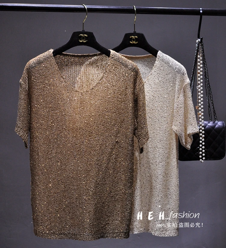 Женская трикотажная футболка с блестками футболки коротким рукавом и круглым