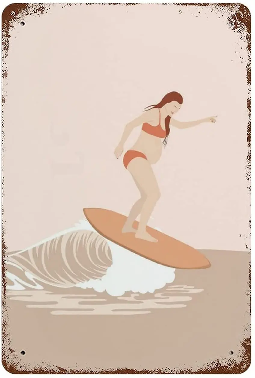 

Anique Metal Tin Sign Pregnant Surfer Woman Retro Nostalgic Tin Sign Fun Decorative Sign for Home Kitchen Bar Room Garage Decor