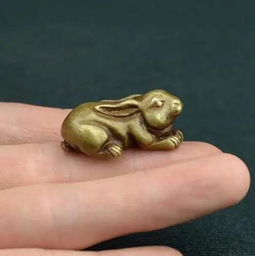 Китайский старинный античный кролик из чистой латуни маленькая статуя кулон |