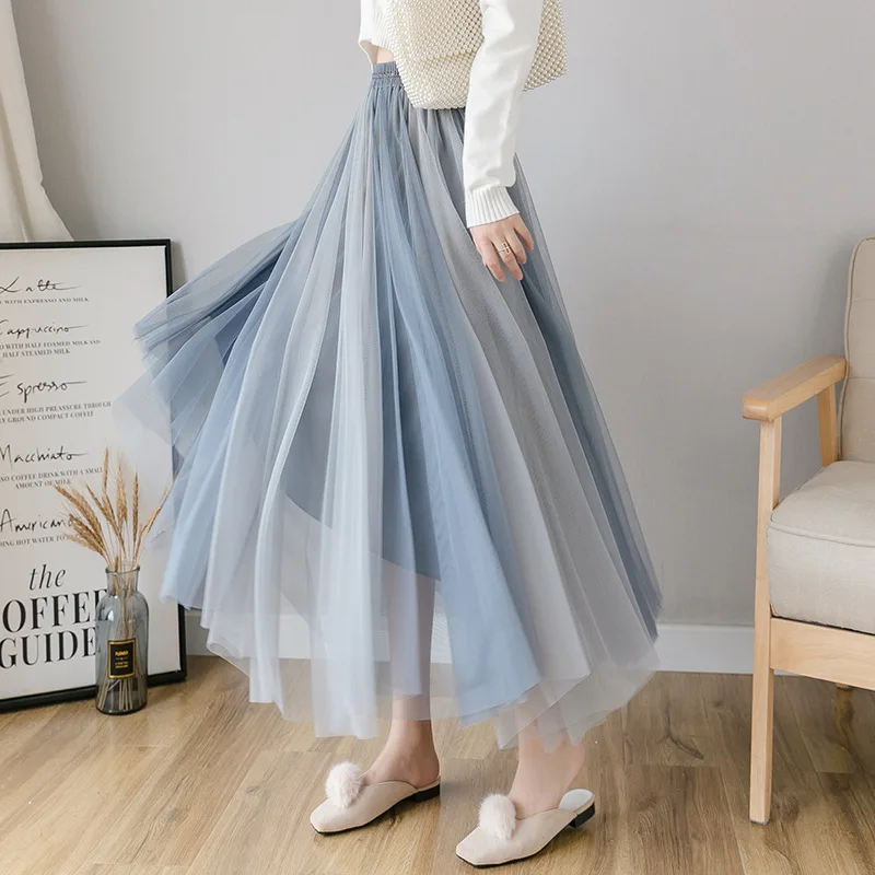 

FOLOBE Elegant Fashion 82cm Maxi Long Tulle Skirt Patchwork Contrast Color High Waist Pleated Maxi Skirt Female Lolita