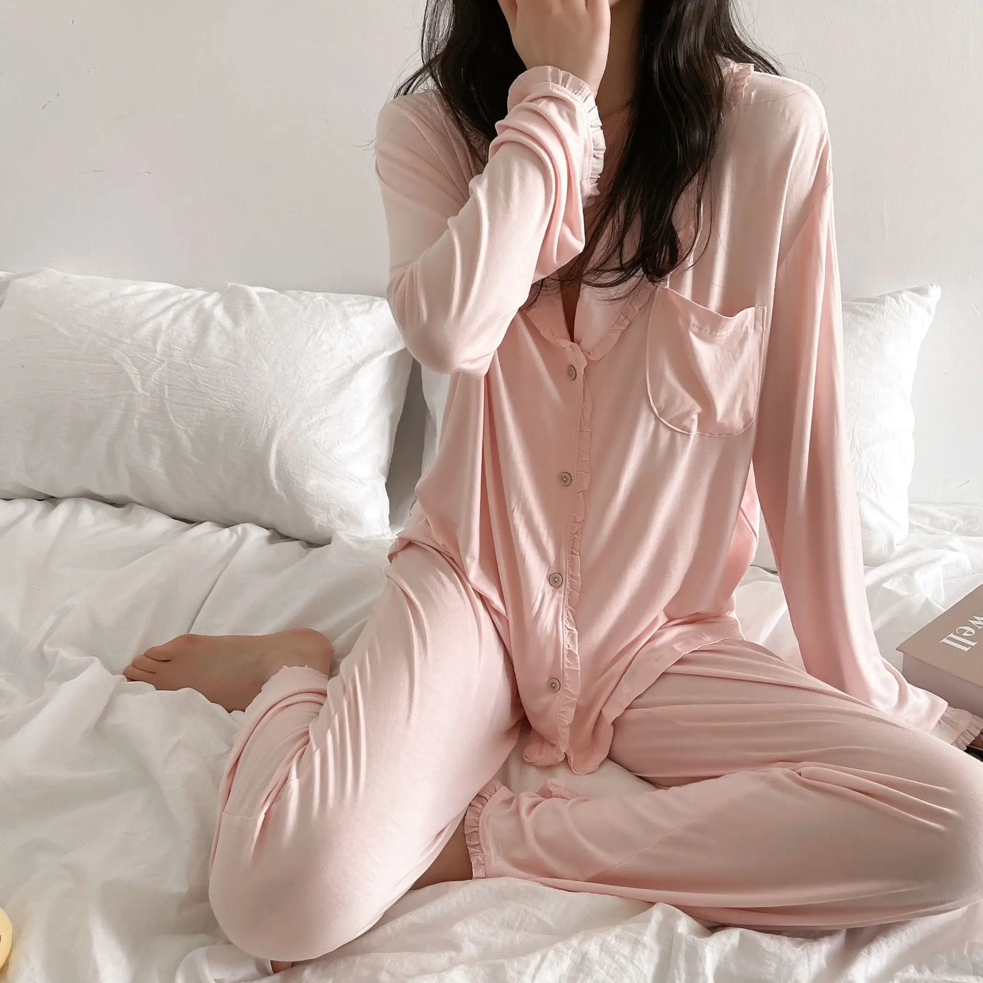 

Пижама женская длинная из модала с длинным рукавом, домашняя одежда для отдыха, брюки, комплект из 2 предметов, ночное белье для женщин, на лето