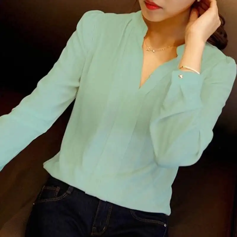 CINESSD Women Casual Chiffon Blouses Stand V Neck Solid Long Sleeve Office Ladies Tops White Fashion Slim Tee Shirts 2020 Blouse