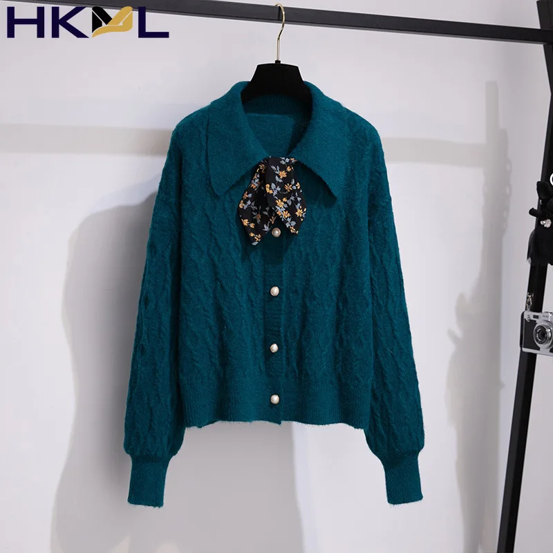 

Korean Casual Women Two Pieces Sets French Vintage Bow Collar Full sleeve sweater + Long skirt sets Female Outfit