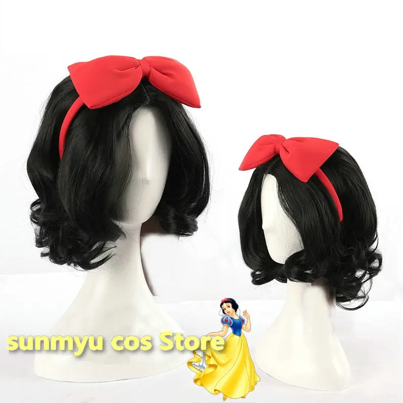 

Snow White Princess Wig Cosplay Black Wavy Short Hair Red Bow Hoop