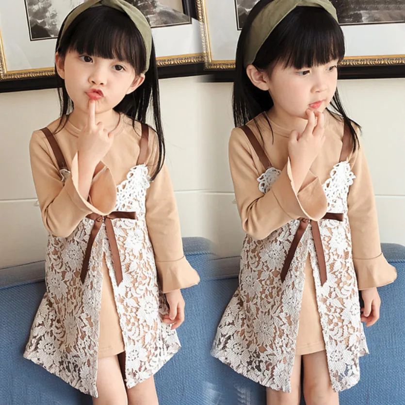 New Spring Autumn Girls Clothes Sets Baby Girl Flare Long Sleeve T shirt Dress and Lace Vest 2 Piece Set Chilren Kids Gifts | Детская