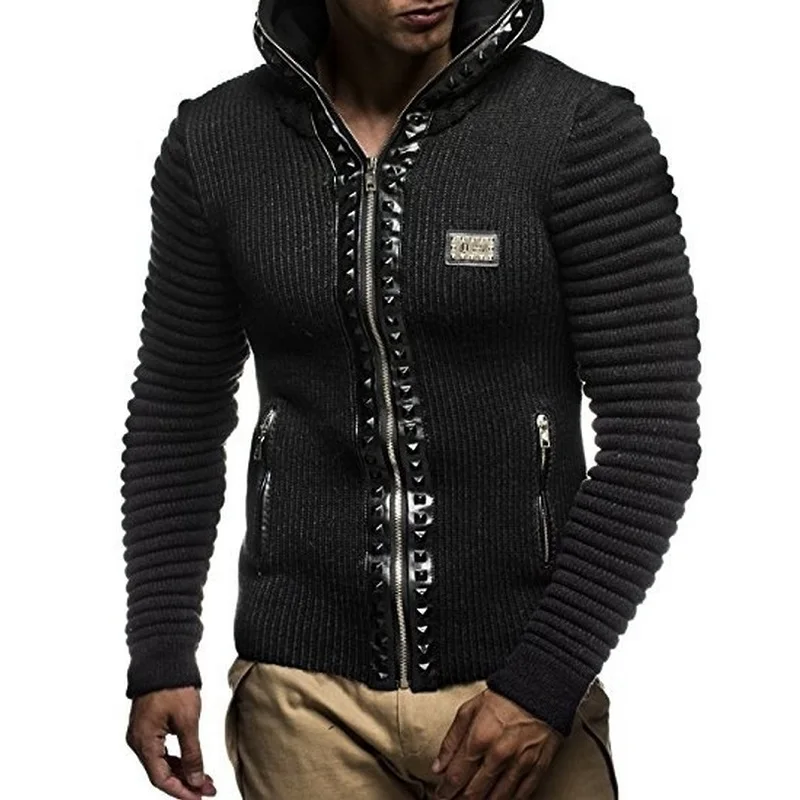 

ZOGAA Sweaters Coat Men Winter Thicken Warm Hat Rivet Trim Hooded Cardigans Jumpers Men Slim Solid Cashmere Zipper Fleece Coats