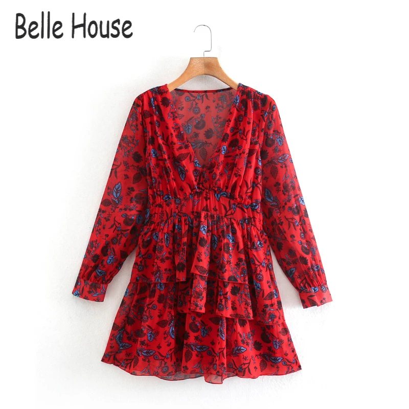 

Za Women Ruffled Print Red Mini Dress Long Sleeve Elegant Party Fashion Chic Flounced Hem Interior Lining Vestidos NZ0308