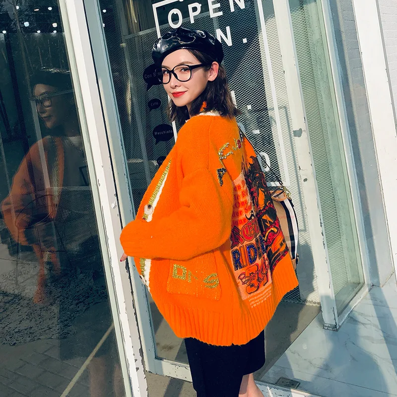 Женский Свободный Повседневный свитер с вышитыми бусинами и карманами