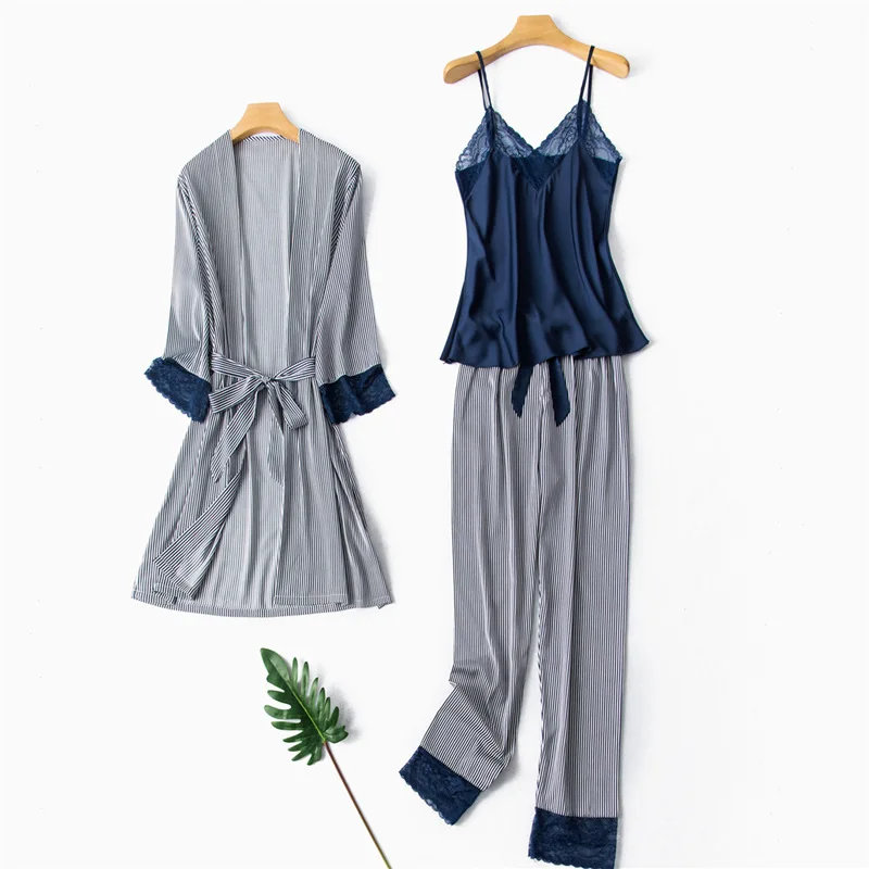 

Satin 3PCS Pajamas Set Sexy Kimono Gown Women Spring Summer Sleep Set New Lace Suspender Pijamas Suit Loose Casual Home Clothes