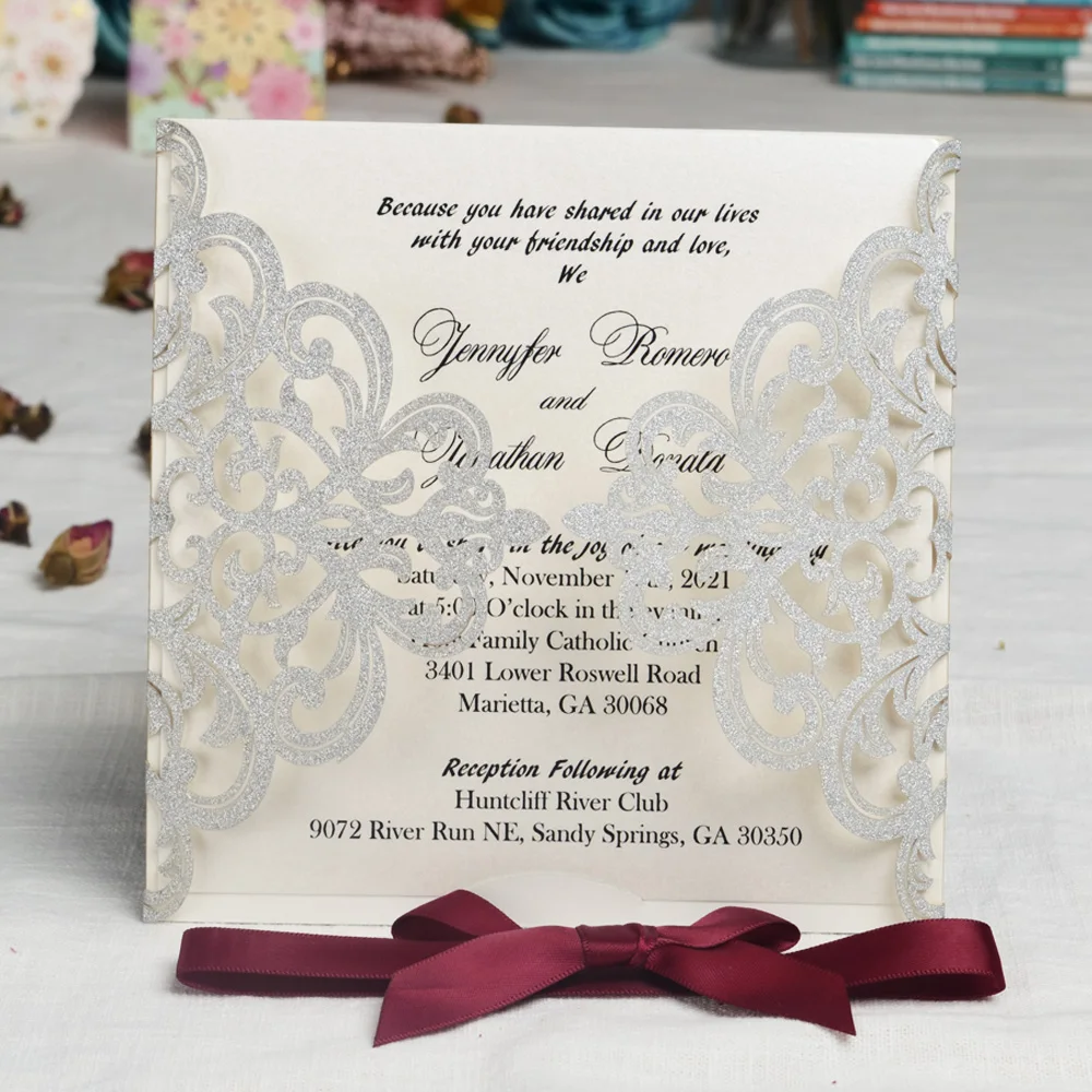 100 шт блестящая лазерная резка для свадьбы Пригласительные открытки с бордовой