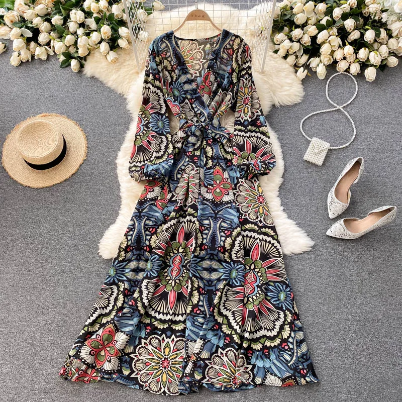 

Women Fashion Dress Autumn Long Sleeve V-Neck Sashes Flowers Printed A-line Dress Spring Boho Casual Vacation Long Sundress