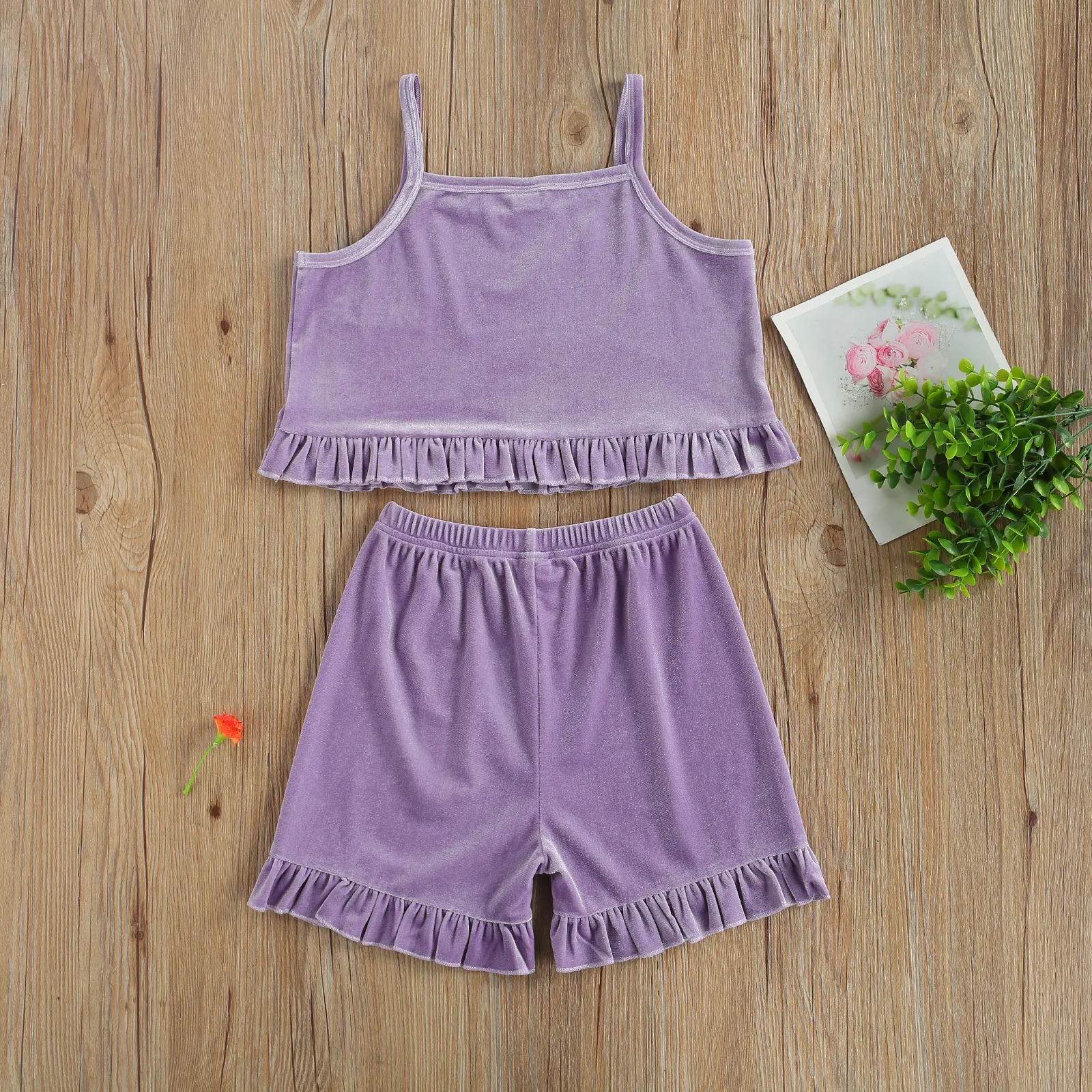 

2021 New Summer 6-11Y Baby Girl 2Pcs Set Purple Ruffled SMILE Letter Embroidery Sleeveless Velvet Crop Top+Shorts Clothes