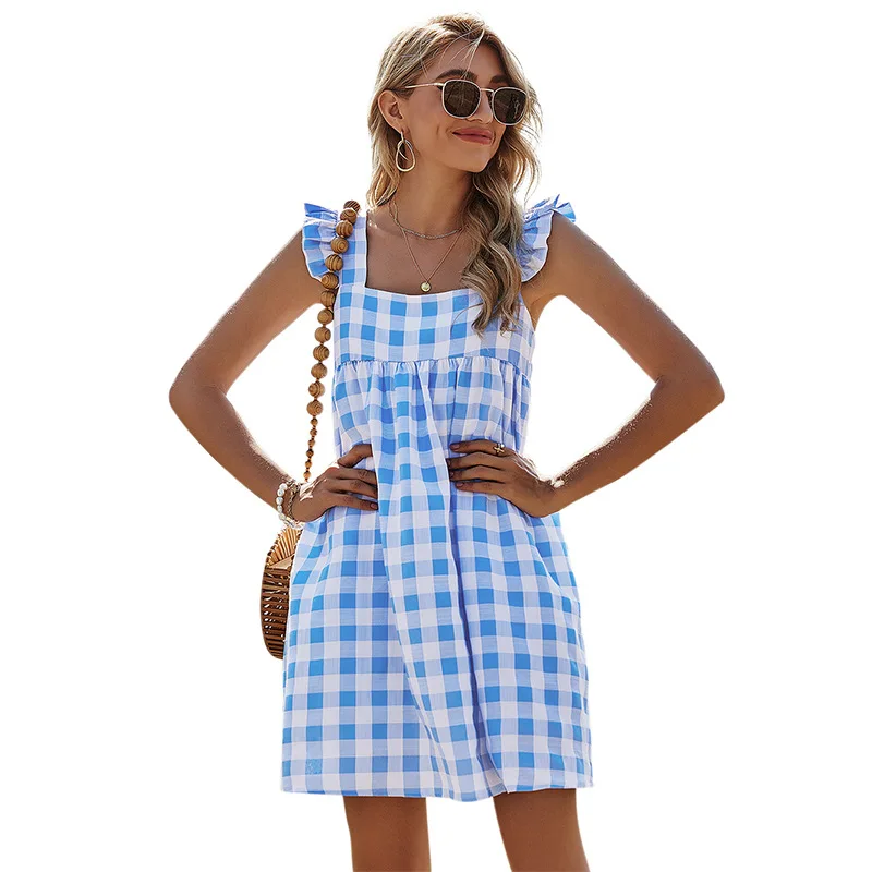 

2021 spring & summer new dresses American women's Plaid high waist open back A-line skirt casual square collar dress LYQ162