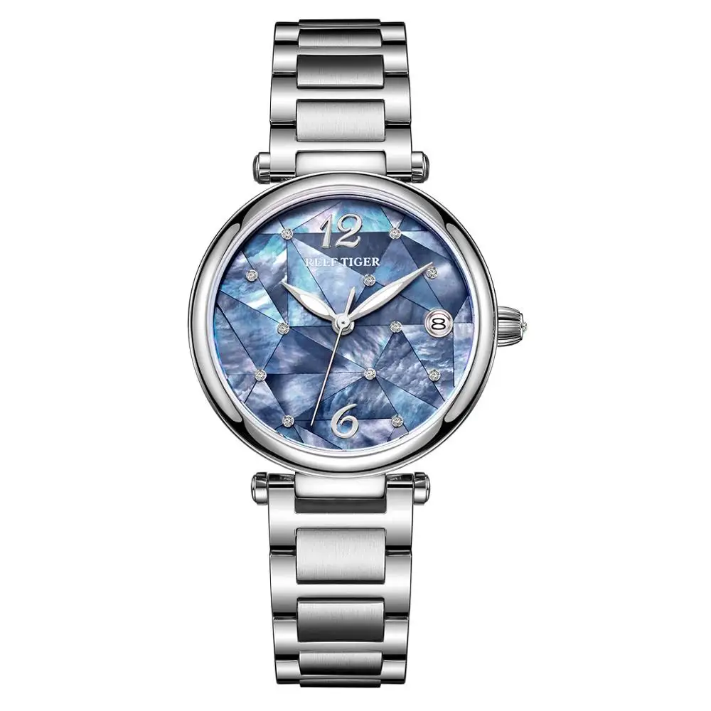 Reef Tiger/RT New Design Luxury Stainless Steel Blue Dial Automatic Watches Women Diamond Watch RGA1584