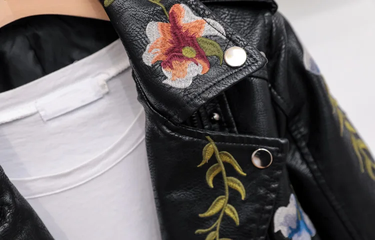 omen Floral Print Embroidery Faux Soft Leather Jacket Coat Turn-down Collar Casual Pu Motorcycle Black Punk Outerwear enlarge