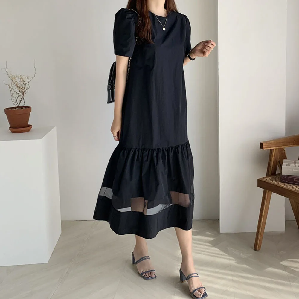

2021 Japan Style Ladies Dress Summer Loose Casual Korean Fashion Simple Thin Retro Net Yarn Splicing Round Neck Puff Sleeve
