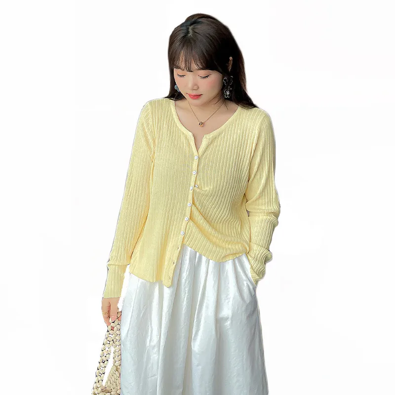 

Plus Size V-neck Sweater Women 2021 Summer New Fat MM Loose Thin Long Sleeves Solid Color Slim Cardigan Female LR1215