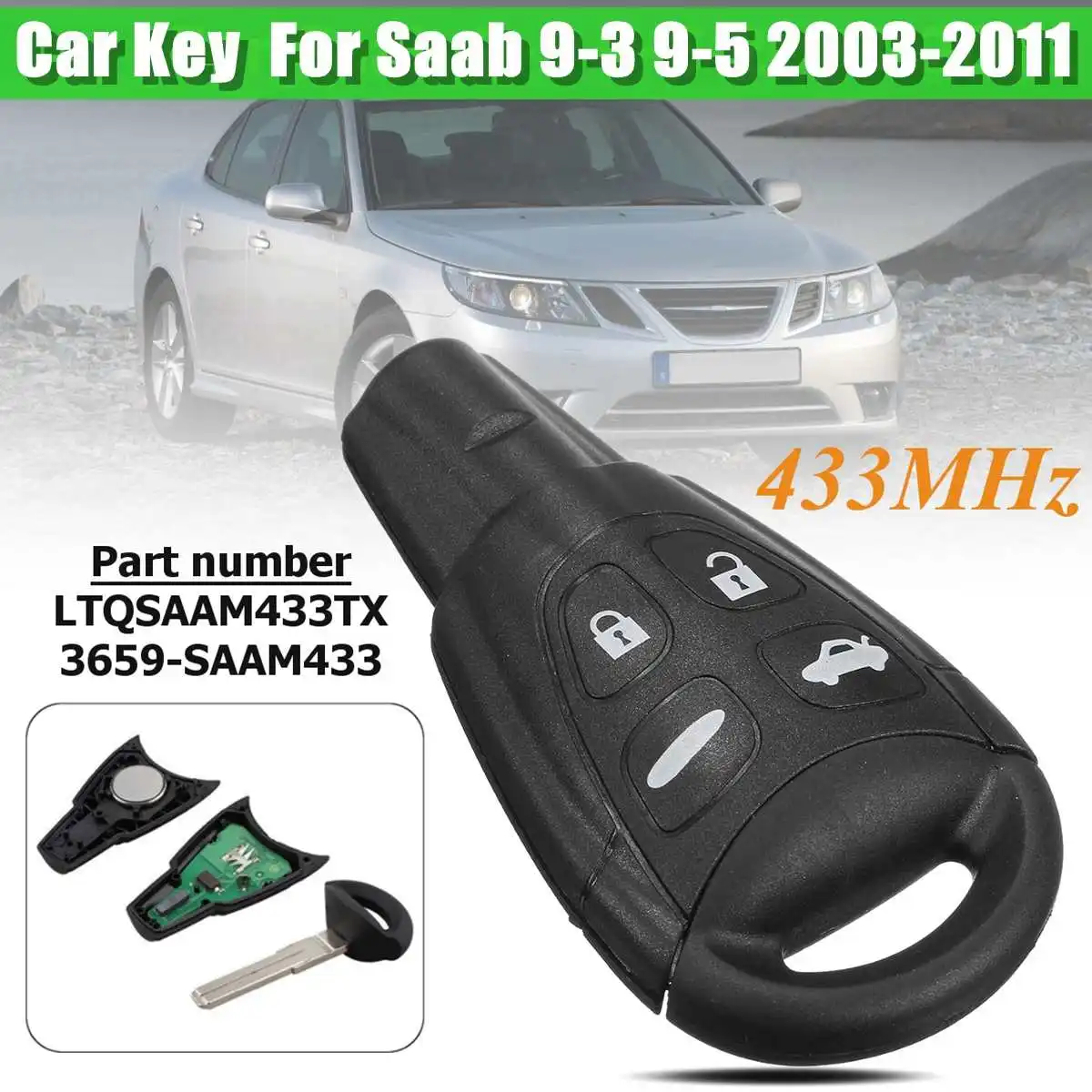 Флейта управления с 4 кнопками и чипом PCF7946 D46 433 МГц для Saab 9 3 5 2003 2011 LTQSAAM433TX|Ключ от