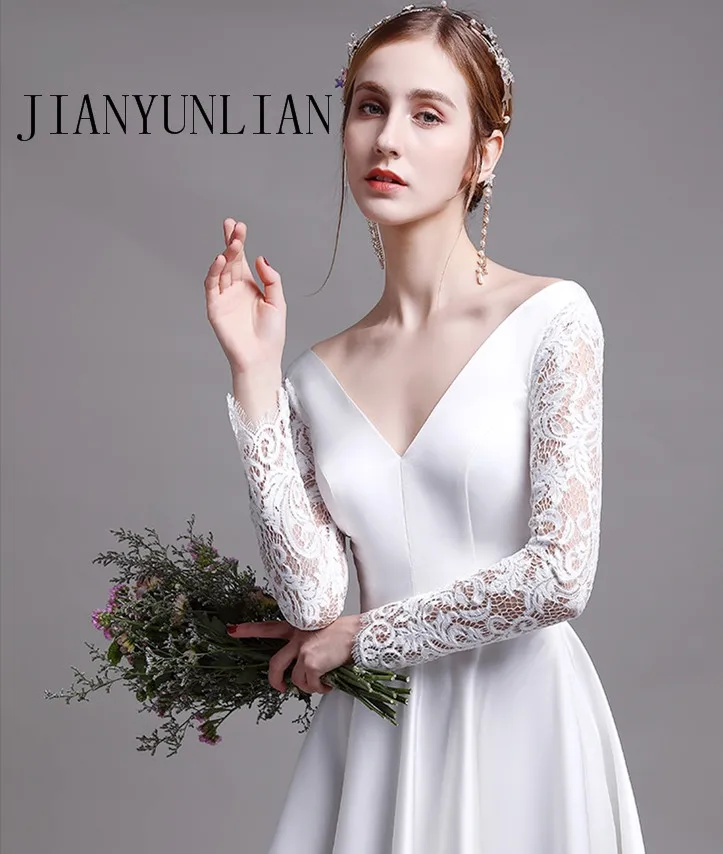 Элегантные атласные свадебные платья с карманами кружевные длинным рукавом