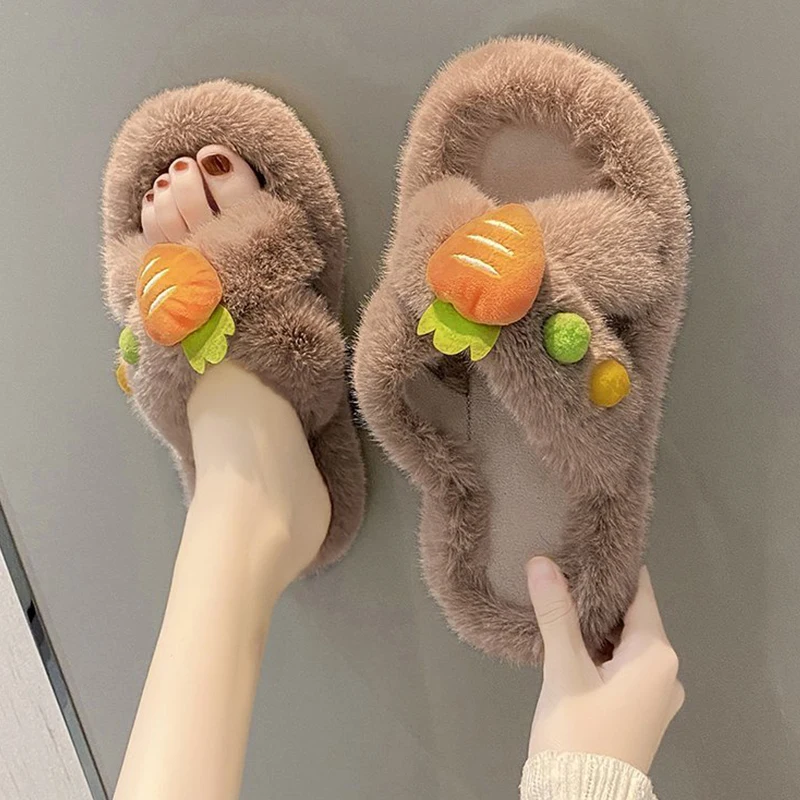 

Flat Shoes Female Woman's Slippers Platform Low Fur Flip Flops Slides Fashion 2021 Plush Massage Luxury Shearling Rubber Basic w