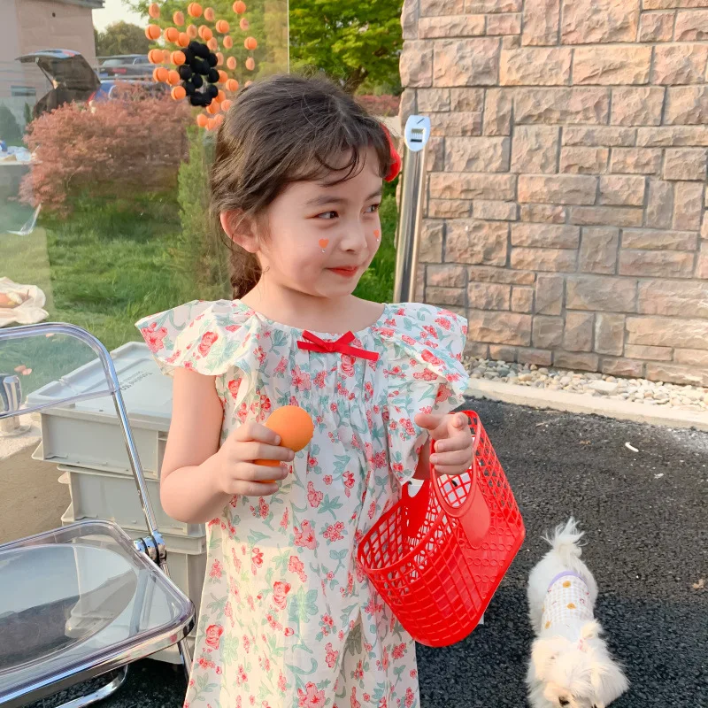 

Летнее Новое поступление, платье принцессы в Корейском стиле для девочек, хлопковое платье с летающим рукавом и цветочным принтом для девоч...