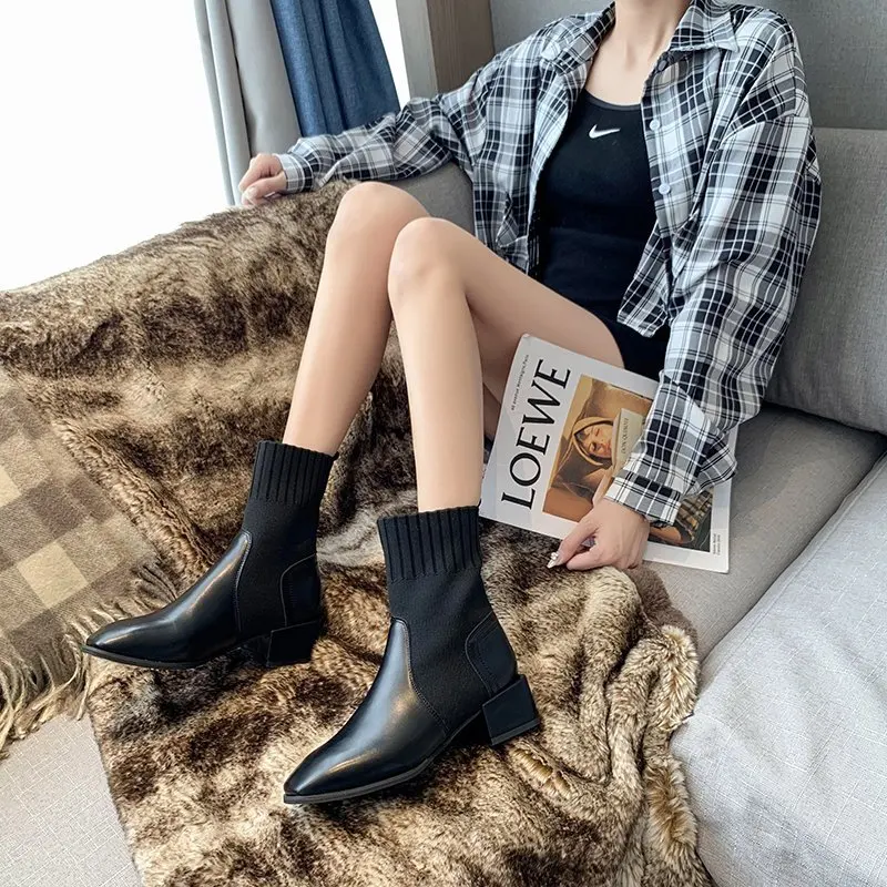 

Spring and autumn 2020 new versatile chungshan shoes retro square toe skinny boot elastic boot girl X509