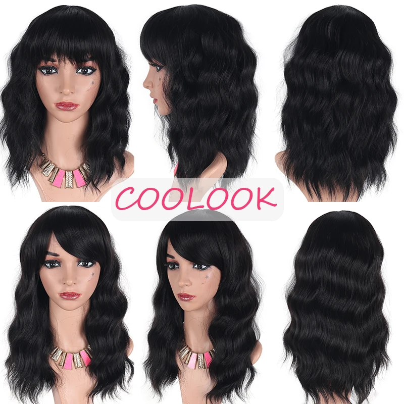 

Short Black Wavy Wig with Bangs African American Natural Wave Wigs for Women Synthetic Fibre Female False Hair Cosplay Party Wig
