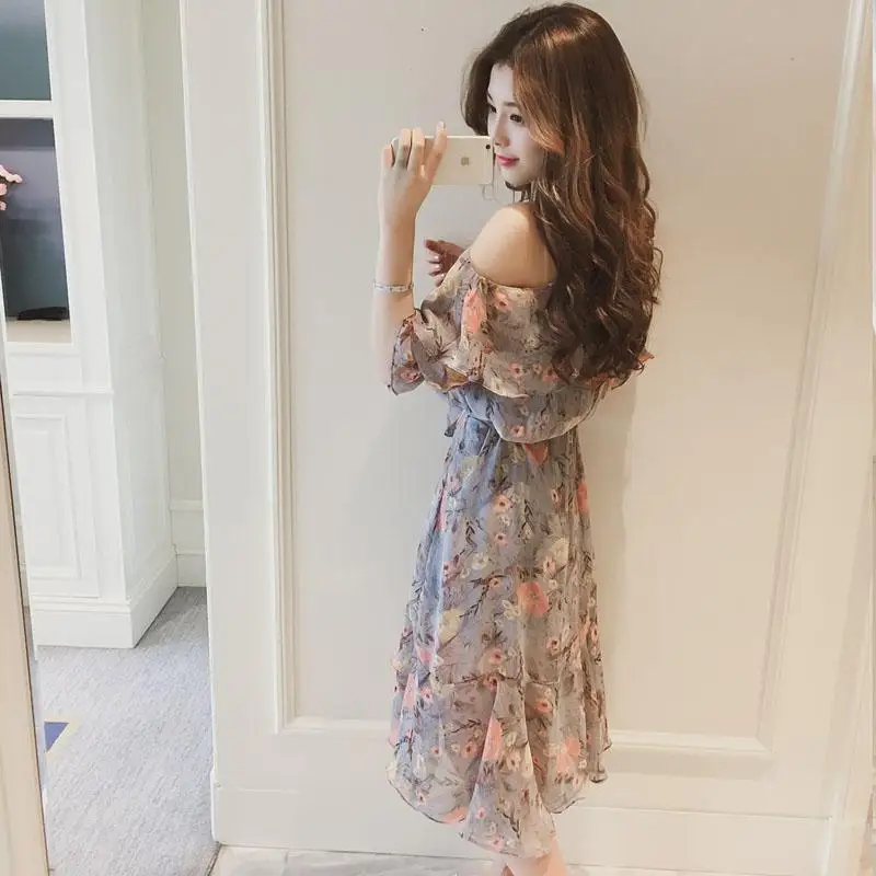Hobbylan женское Модное шифоновое платье с открытыми плечами и цветочным