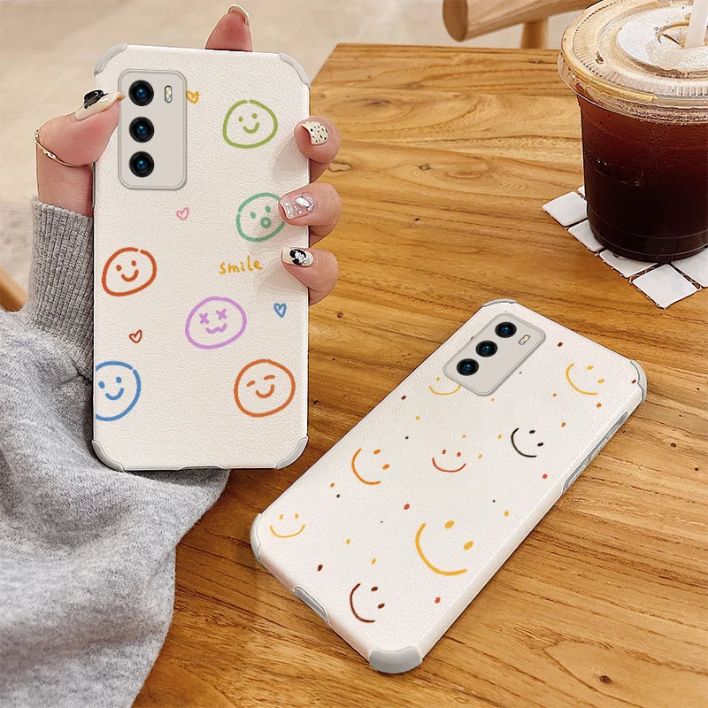 

Colored Smiley Phone Case For Huawei P40 P30 P20 Pro Lite Mate 40 30 20 Pro lite 20X Y7a P Smart 2021 Lambskin Phone Cover