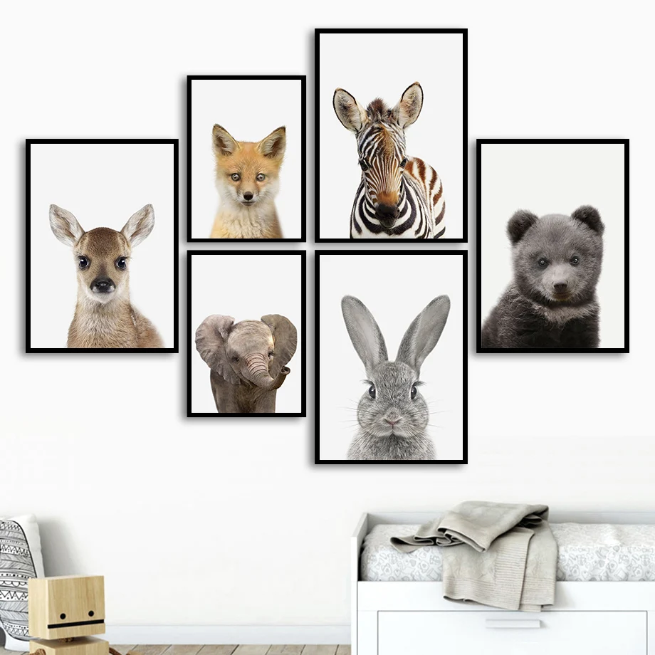 Кролик жираф зебра лев слон медведь настенная живопись холст скандинавские