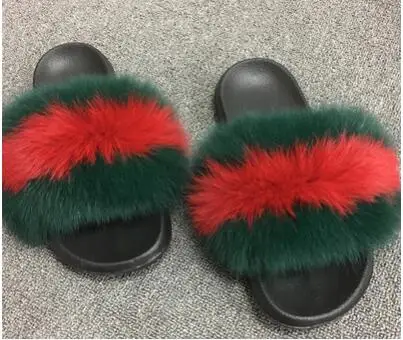 Green Red Green Женские модные шлепанцы из натурального меха енота; женские шлепанцы; Летние вьетнамки; унисекс; повседневные Модные босоножки с лисьим мехом; модная плюшевая обувь - Цвет: Green Red Green