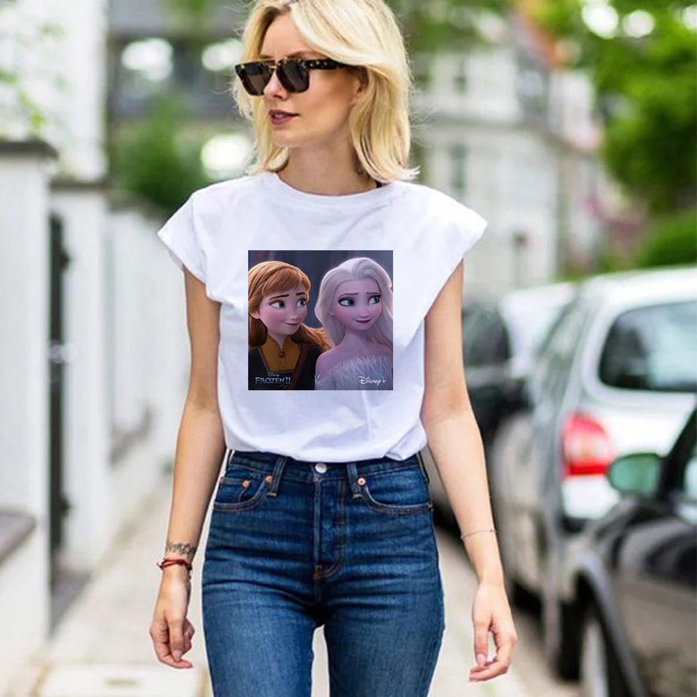 

Disney Frozen Woman Tshirt Top Cute Elegant T-shirts Brand Family Look Short Sleeve Anna Elsa Printed Streetwear Summer Hipster
